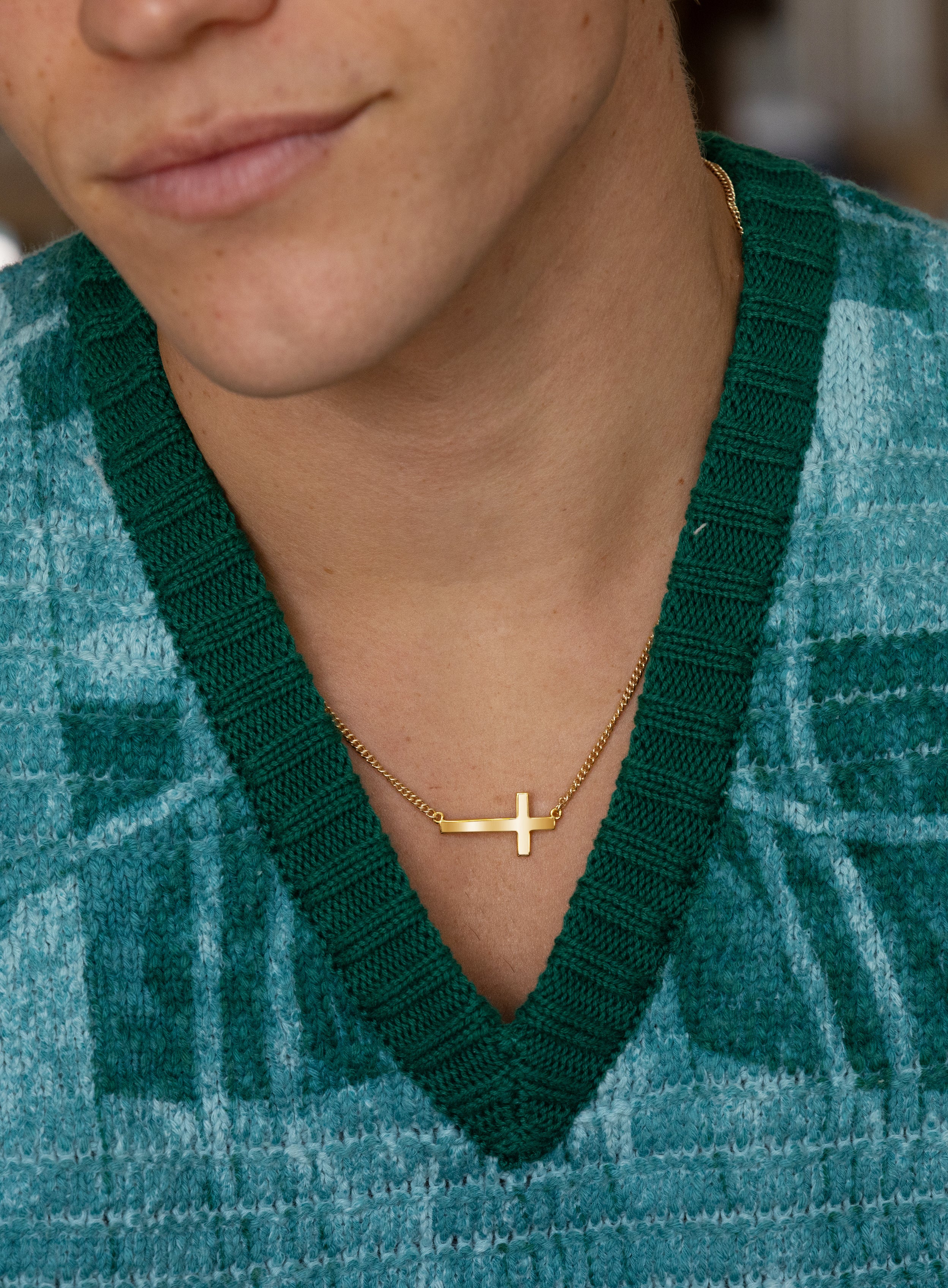 Vermeil Gold Sideways Cross on 14k Gold Filled Curb Chain - Image 5