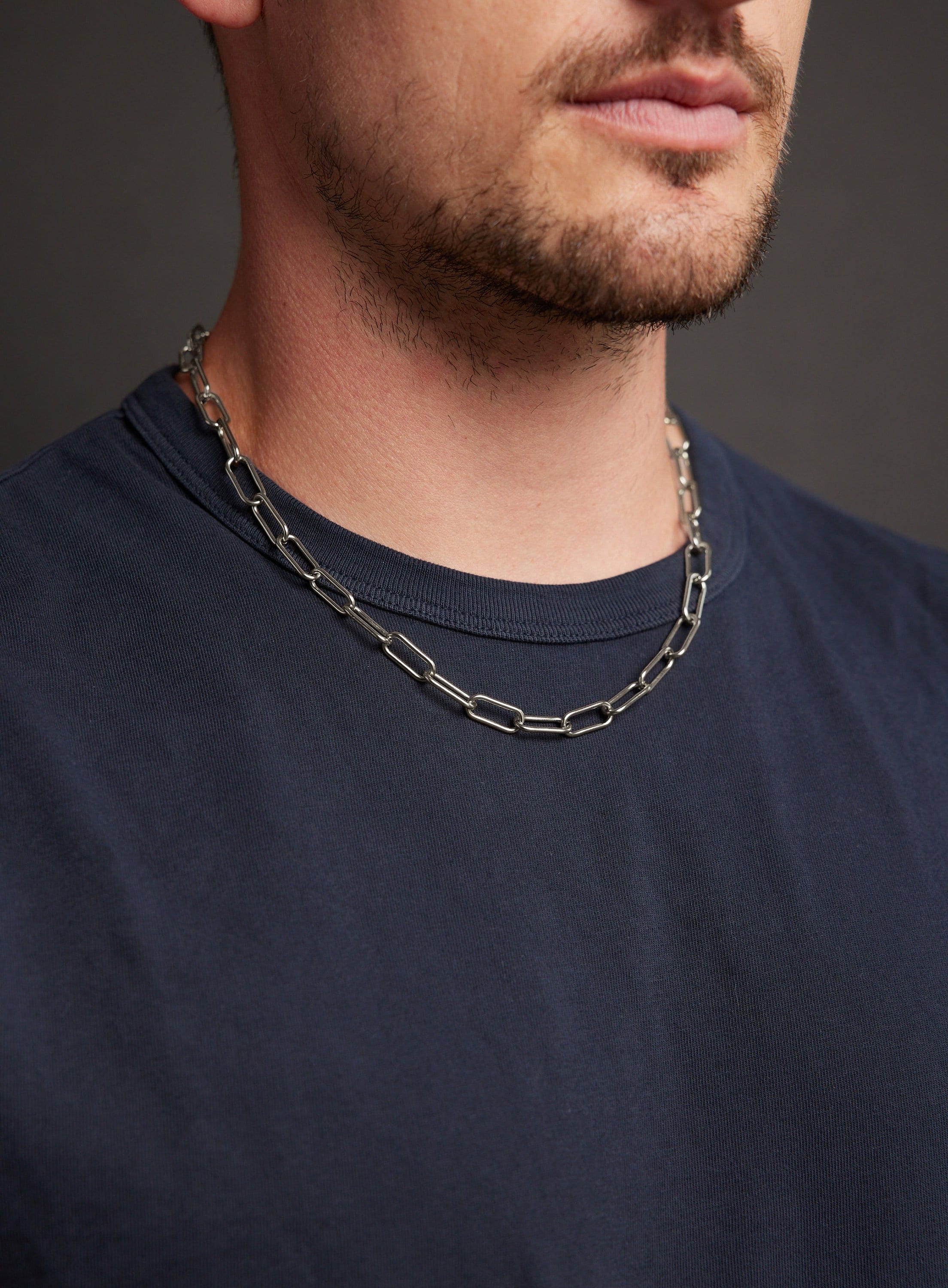 Waterproof Men's Silver Clip Style Large Cable Necklace