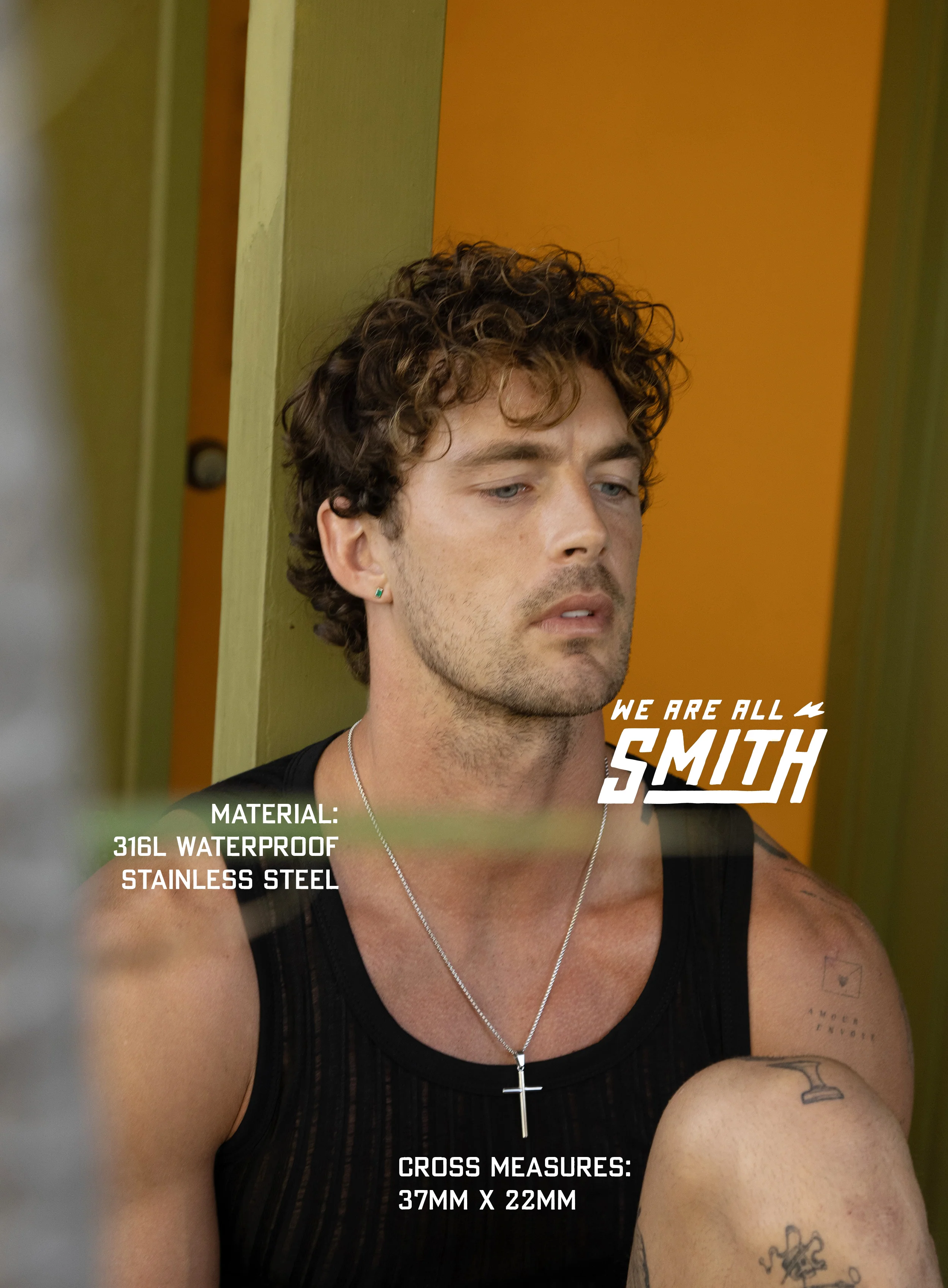 Waterproof Large Mens Silver Cross (Bamboo Style) - Image 2