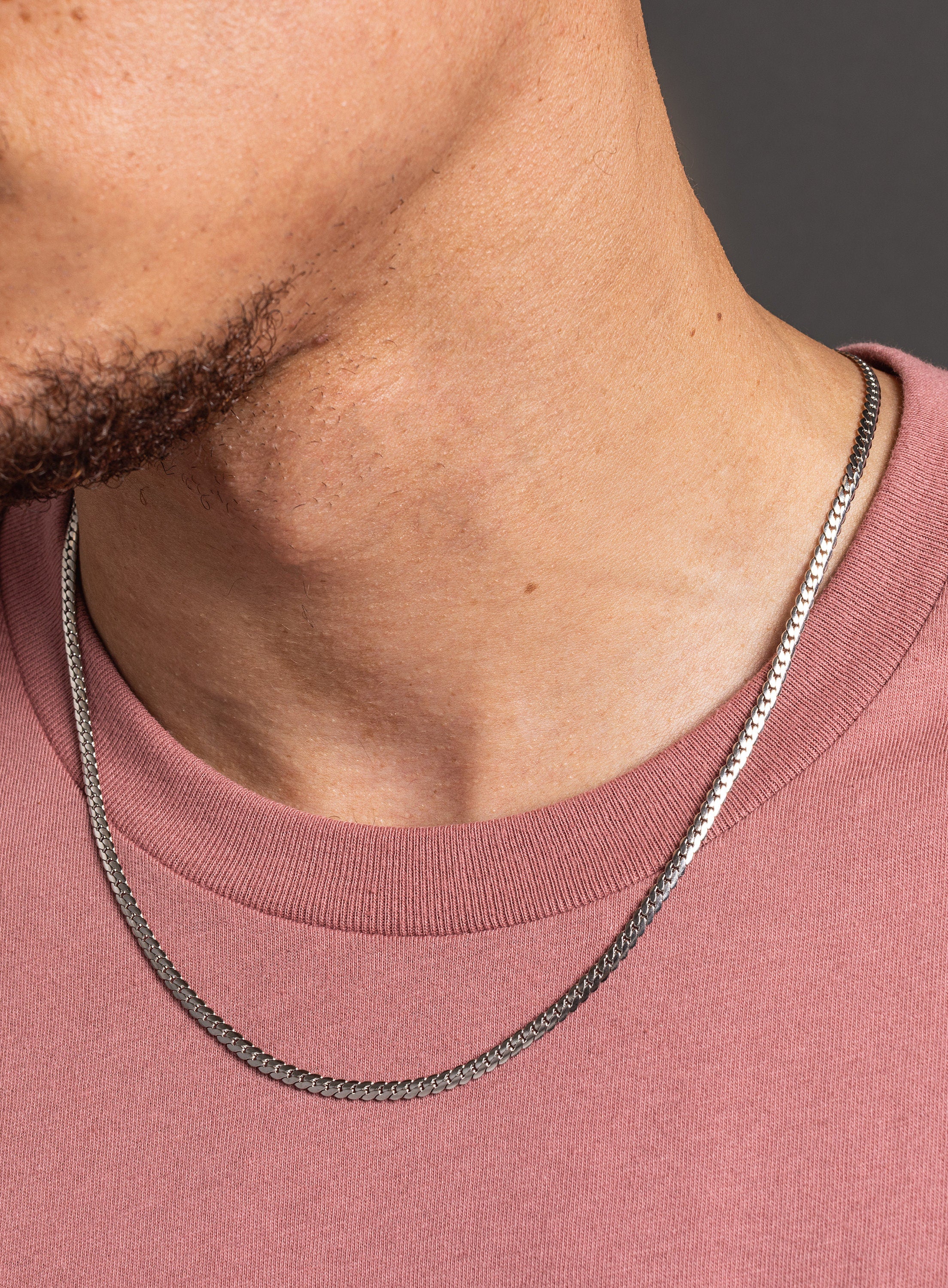 Waterproof 3mm Flat Curb Silver Stainless Steel Chain Necklace